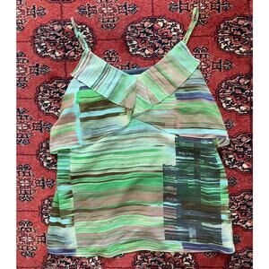 CABI M Green Modern Stripe Print Spaghetti Strap‎ Lined Camisole Ruffle Collar